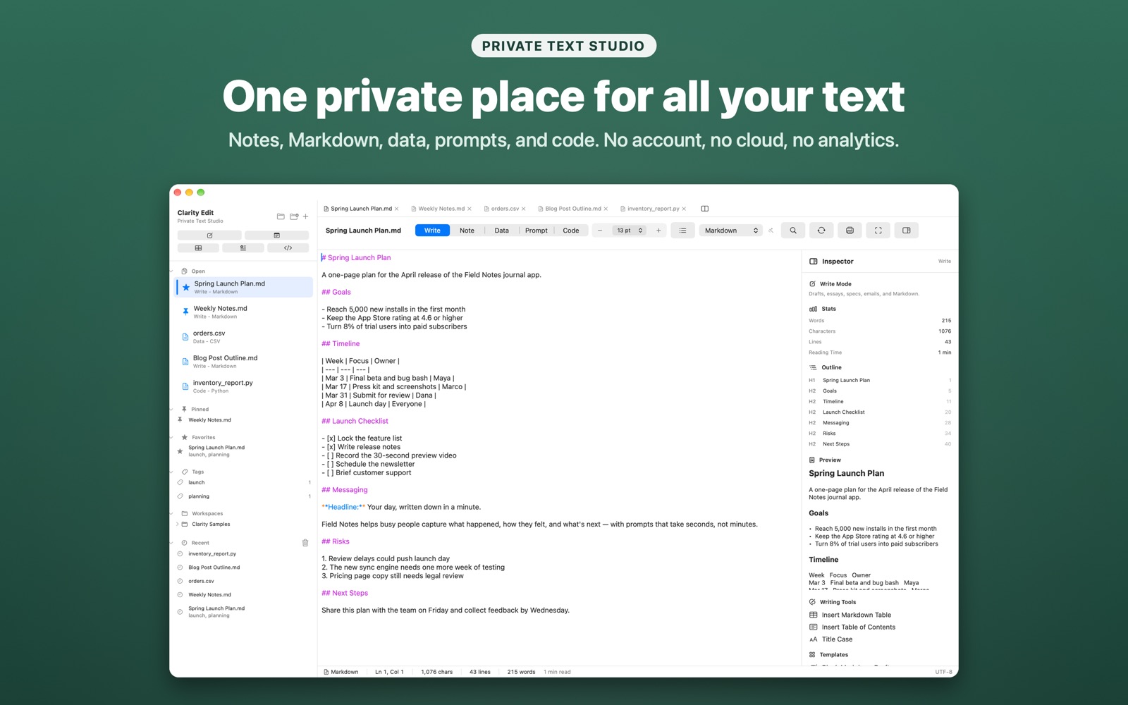 Clarity Edit showing a Markdown launch plan with the library sidebar, editor, outline, and live preview