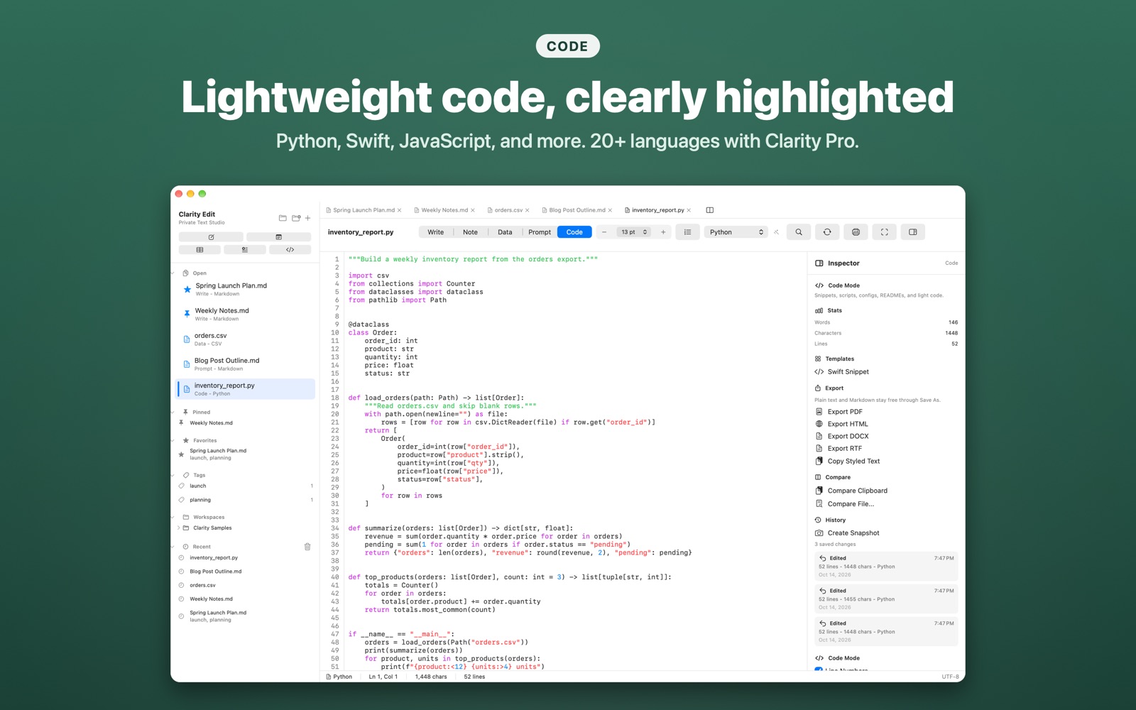 Code Mode editing a Python script