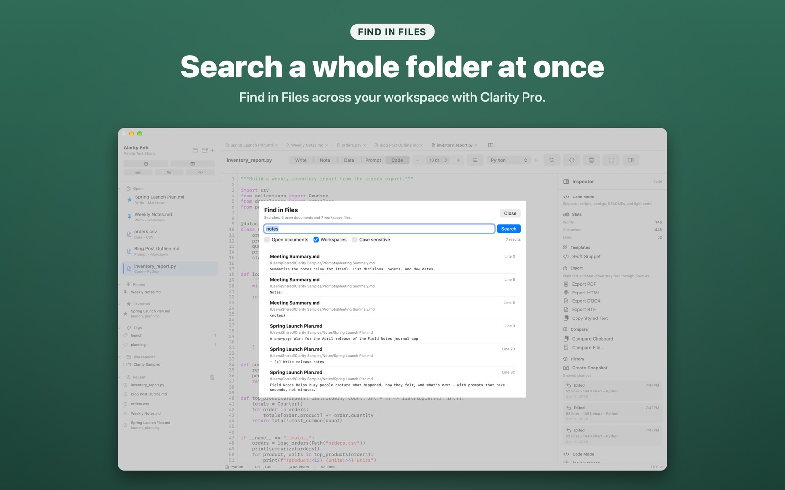 Find in Files results across a workspace folder