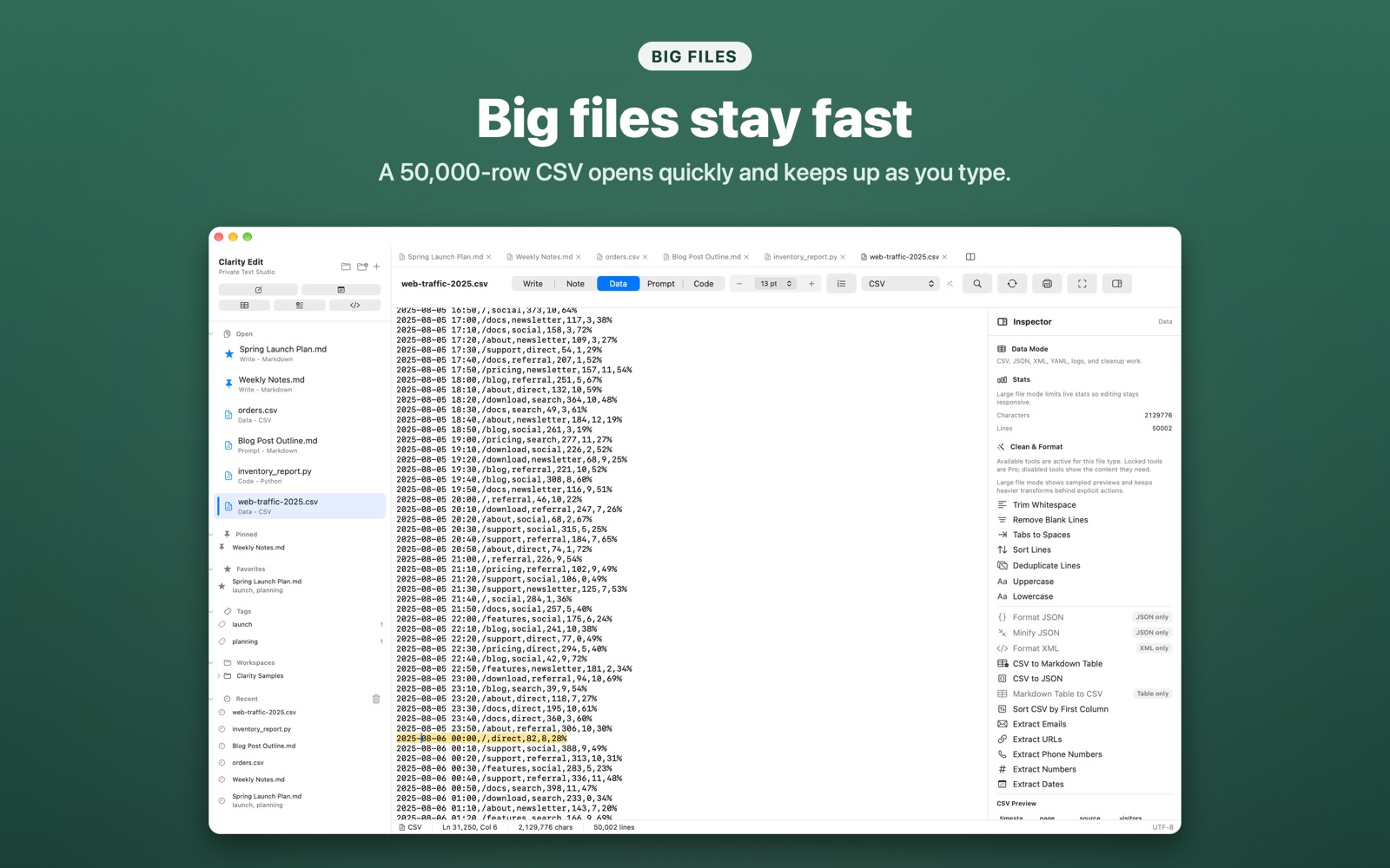 A large log file open in Clarity Edit