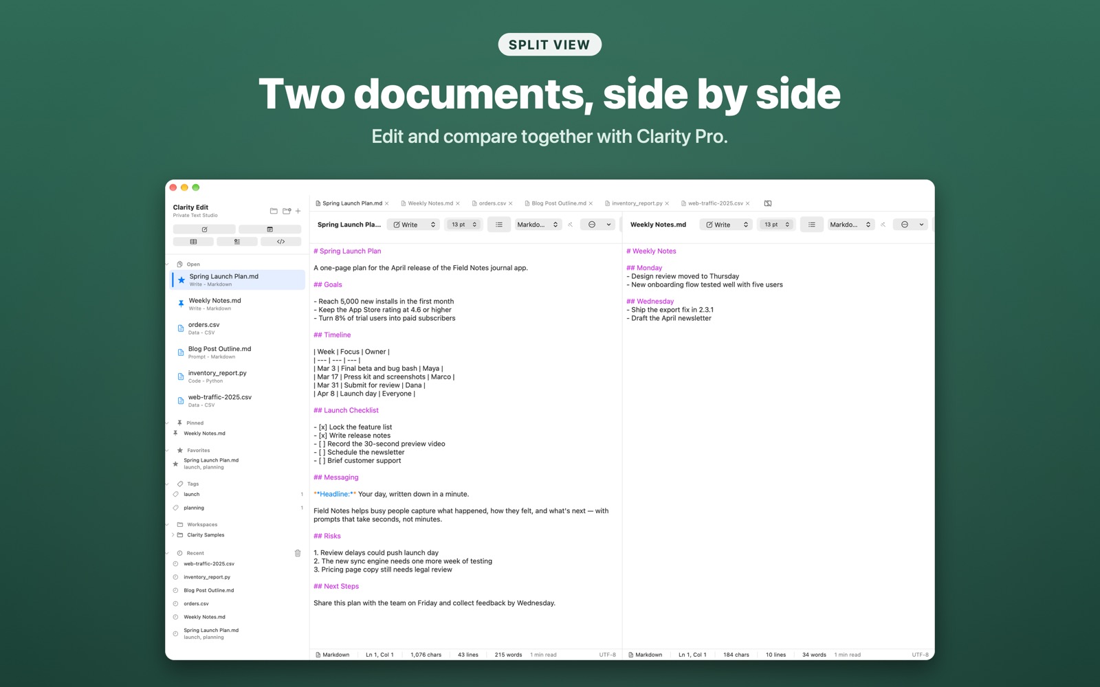 Split view with two documents side by side